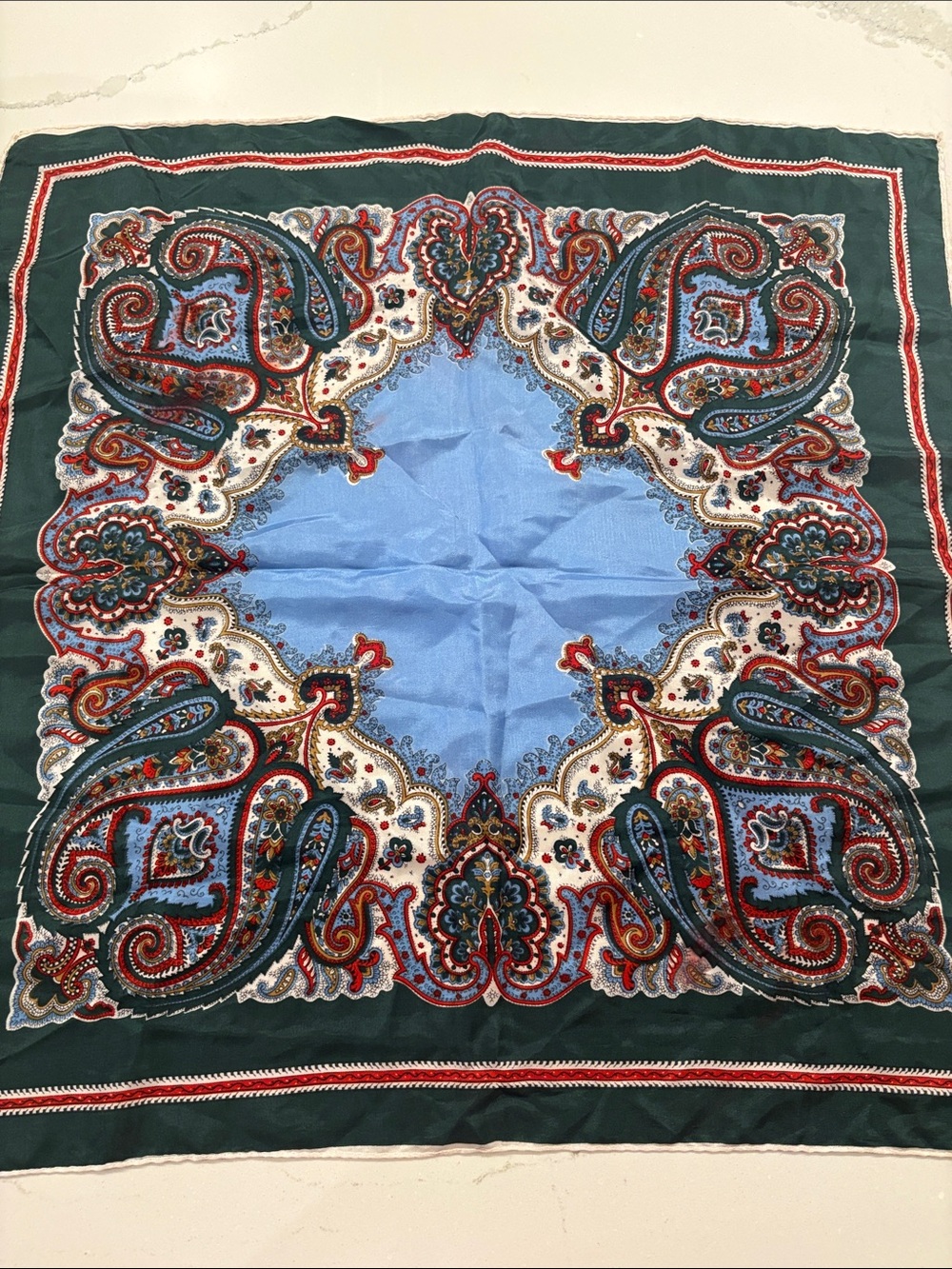 Classic Paisley Silk Scarf - Blue & Green 27 by 27